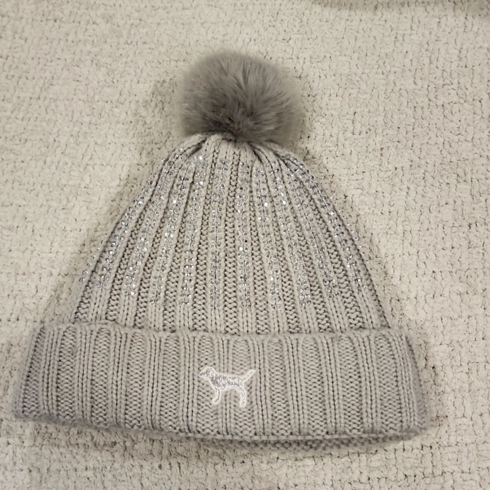 VS Victoria's Secret Pink Grey Rhinestone Bling Pom Beanie